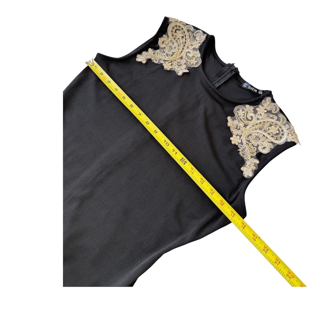 SHEIN Black Sheath Dress Gold Lace Applique Sleeveless Cocktail Dark Academia - Picture 3 of 14